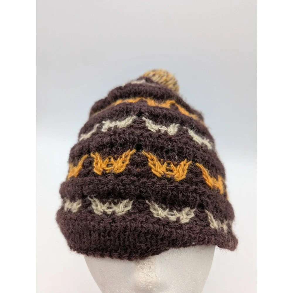 Skitops 100% Ragg Wool Fleece Lined Pom Beanie Brown Orange Knit Hat 11G32607